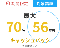 期間限定対象講座が70%、56万円キャッシュバック※税抜額から